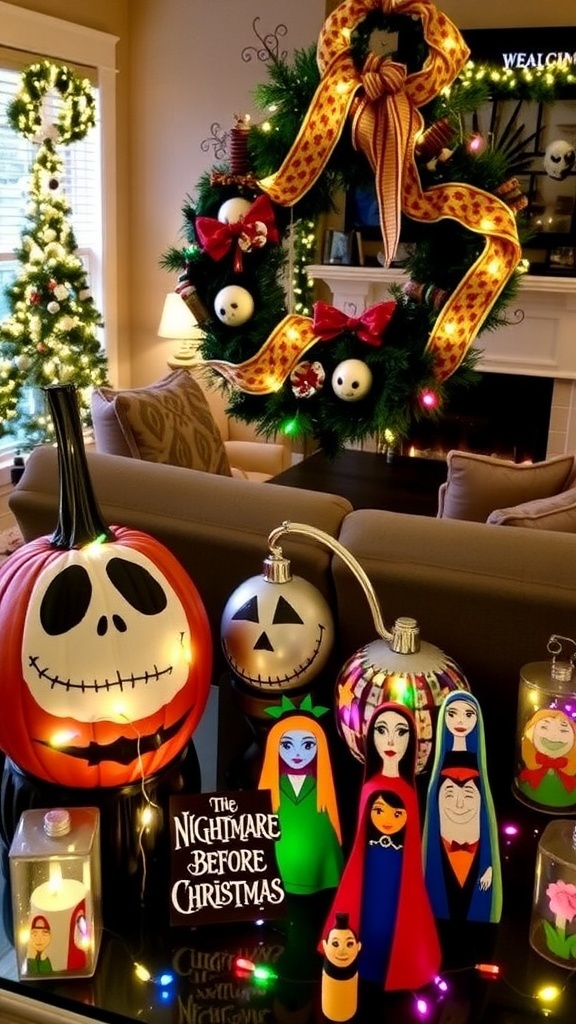 DIY decorations inspired by Nightmare Before Christmas, including painted pumpkins and character figurines in a holiday setting.